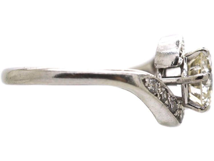 Edwardian Platinum, Solitaire Diamond Crossover Ring with Diamond set Shoulders
