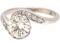 Edwardian Platinum, Solitaire Diamond Crossover Ring with Diamond set Shoulders