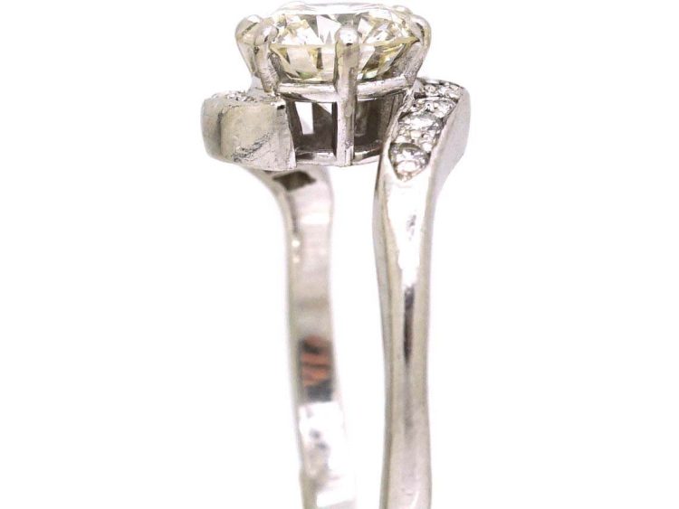 Edwardian Platinum, Solitaire Diamond Crossover Ring with Diamond set Shoulders