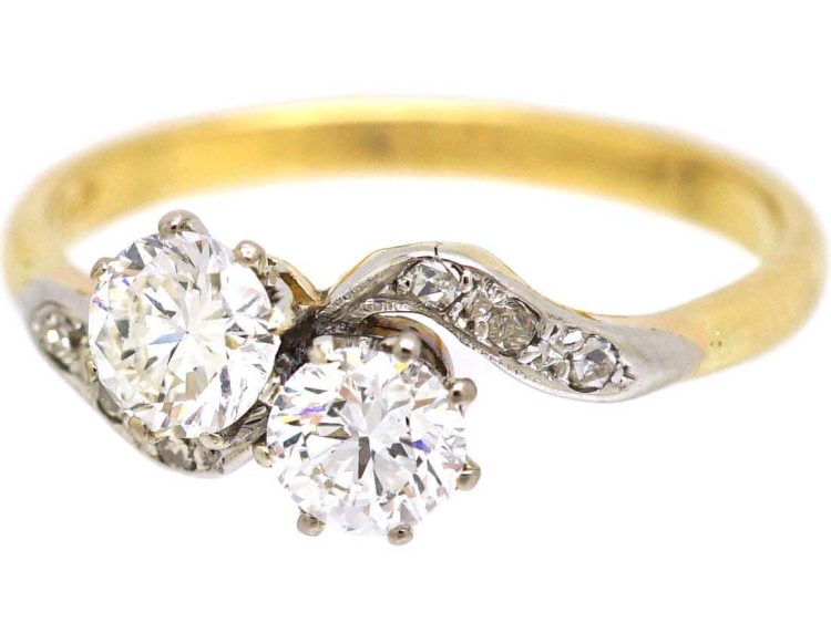 Edwardian 18ct Gold & Platinum, Two Stone Diamond Crossover Ring