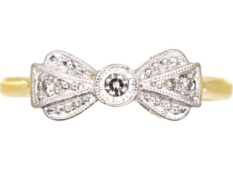 Art Deco 18ct Gold & Platinum Bow Ring set with Diamonds