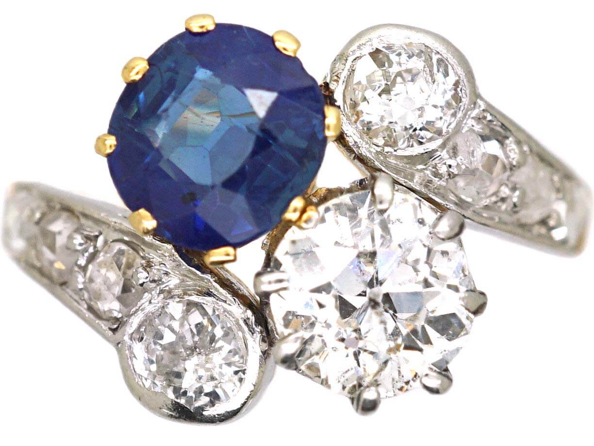 Edwardian 18ct Gold & Platinum, Sapphire & Diamond Crossover Ring