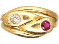 Victorian 18ct Gold Snake Ring set with a Ruby & a Diamond