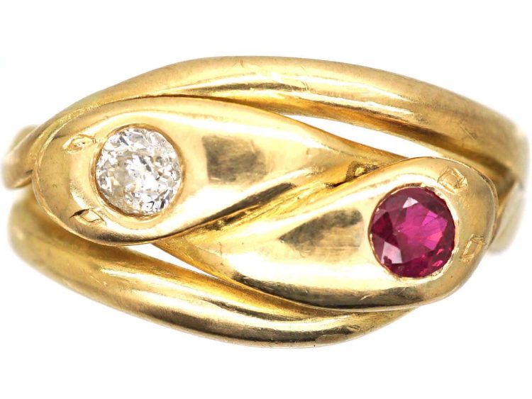 Victorian 18ct Gold Snake Ring set with a Ruby & a Diamond