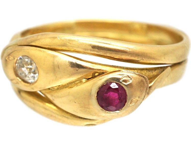 Victorian 18ct Gold Snake Ring set with a Ruby & a Diamond