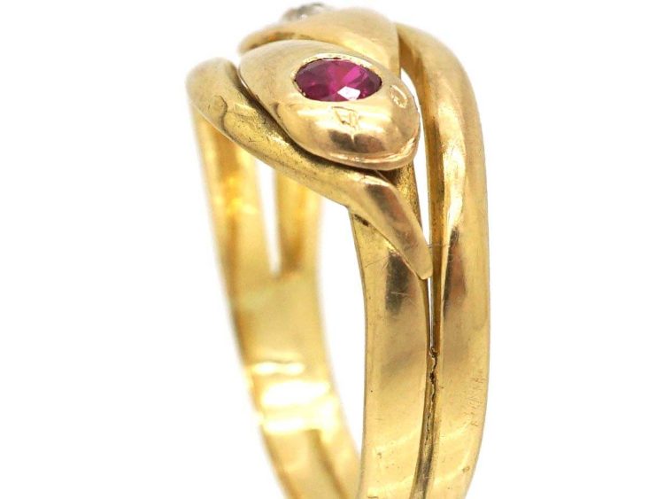 Victorian 18ct Gold Snake Ring set with a Ruby & a Diamond