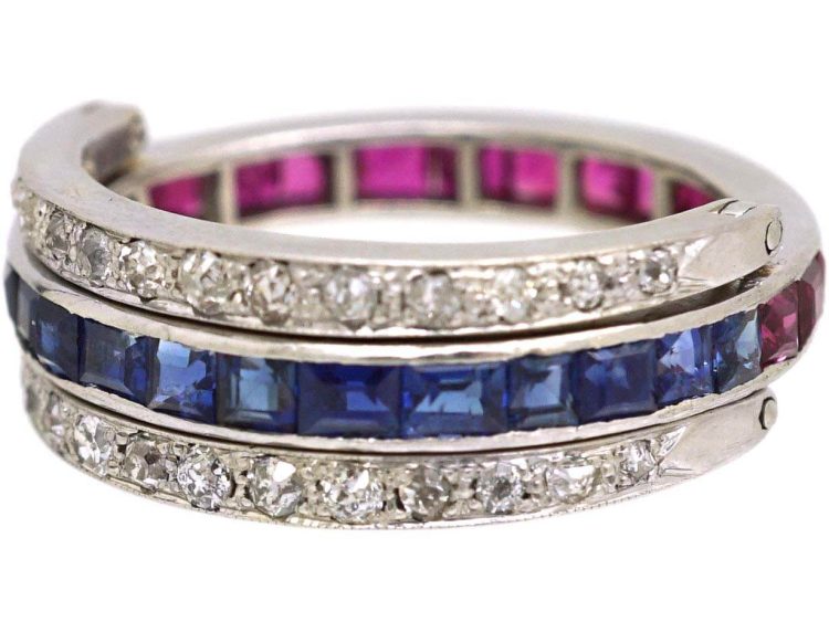 Art Deco 18ct White Gold Flip Over Ring set with Rubies, Sapphire & Diamonds