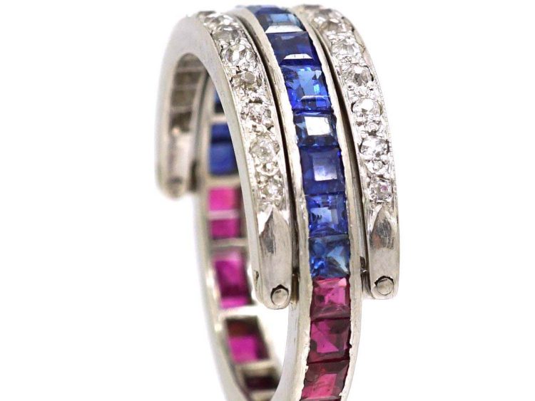 Art Deco 18ct White Gold Flip Over Ring set with Rubies, Sapphire & Diamonds