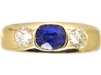 Victorian 18ct Gold Rub Over Set Sapphire & Diamond Three Stone Ring