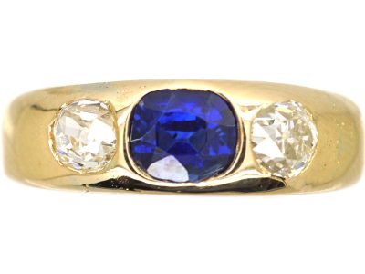 Victorian 18ct Gold Rub Over Set Sapphire & Diamond Three Stone Ring