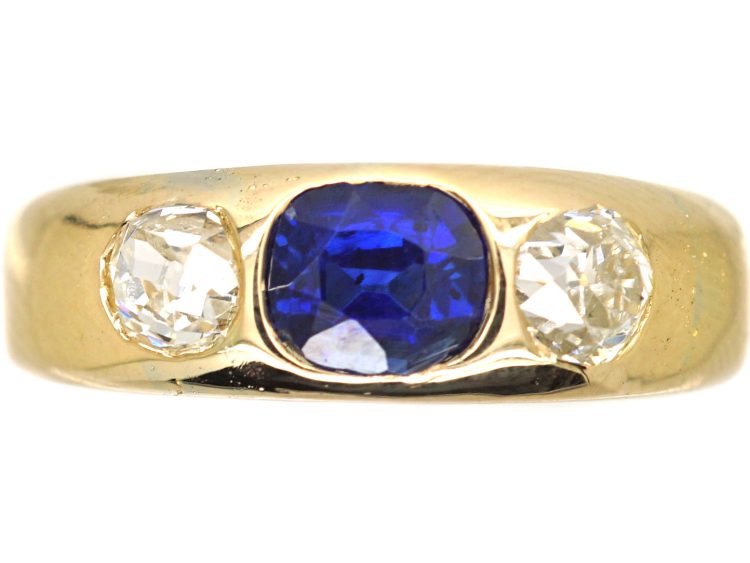 Victorian 18ct Gold Rub Over Set Sapphire & Diamond Three Stone Ring