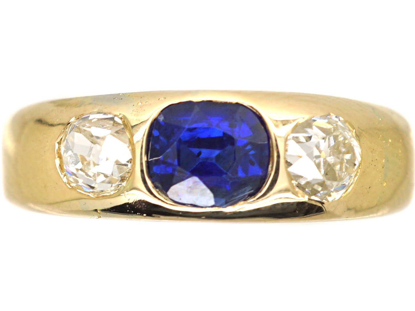 Victorian 18ct Gold Rub Over Set Sapphire & Diamond Three Stone Ring
