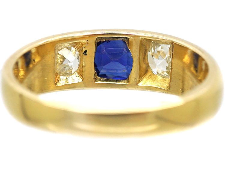 Victorian 18ct Gold Rub Over Set Sapphire & Diamond Three Stone Ring