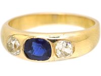 Victorian 18ct Gold Rub Over Set Sapphire & Diamond Three Stone Ring