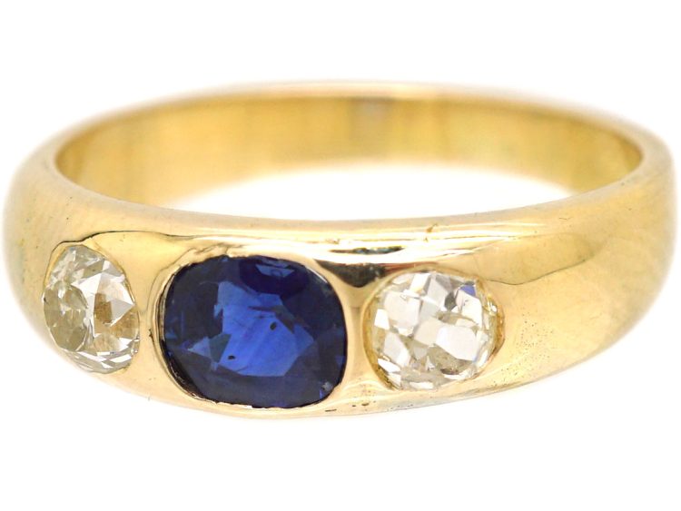 Victorian 18ct Gold Rub Over Set Sapphire & Diamond Three Stone Ring