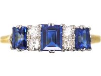 Edwardian 18ct Gold & Platinum, Three Stone Rectangular Cut Sapphire & Diamond Ring