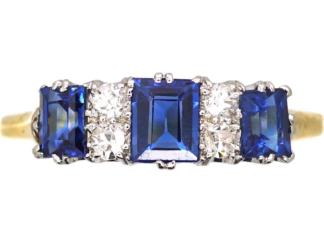 Edwardian 18ct Gold & Platinum, Three Stone Rectangular Cut Sapphire & Diamond Ring