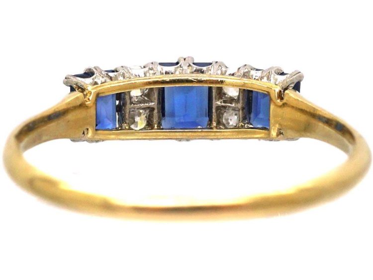 Edwardian 18ct Gold & Platinum, Three Stone Rectangular Cut Sapphire & Diamond Ring