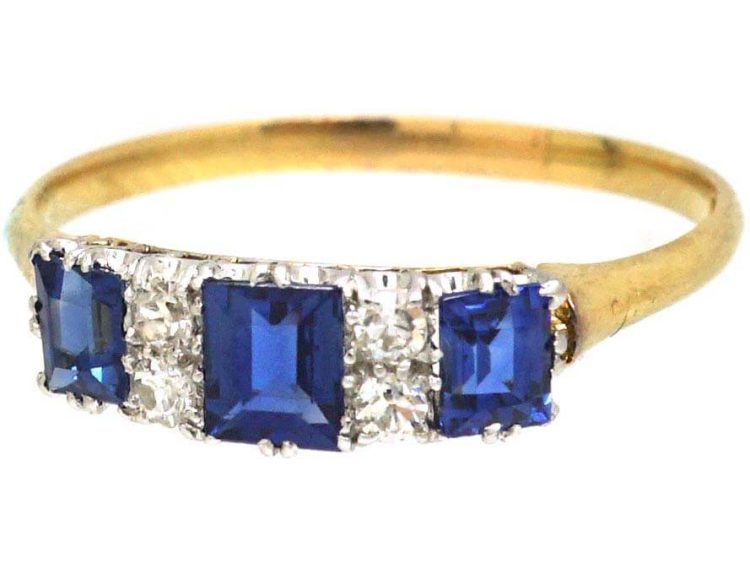 Edwardian 18ct Gold & Platinum, Three Stone Rectangular Cut Sapphire & Diamond Ring