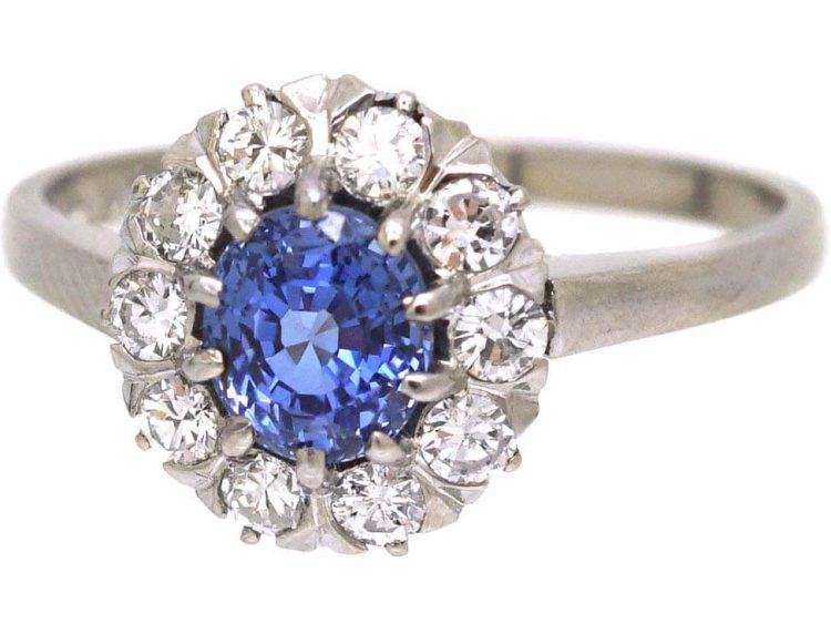 Early 20th Century 18ct White Gold, Sapphire & Diamond Oval Cluster Ring