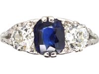 Edwardian Platinum, Carved Half Hoop Sapphire & Diamond Three Stone Ring