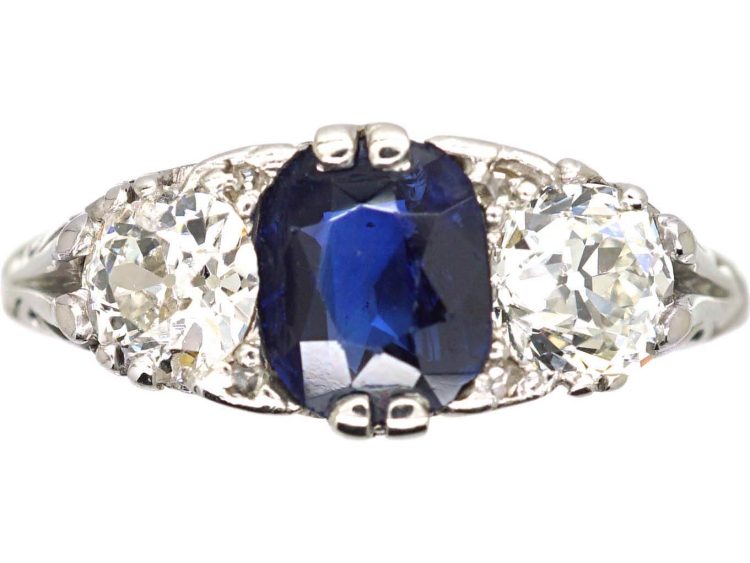 Edwardian Platinum, Carved Half Hoop Sapphire & Diamond Three Stone Ring