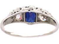 Edwardian Platinum, Carved Half Hoop Sapphire & Diamond Three Stone Ring