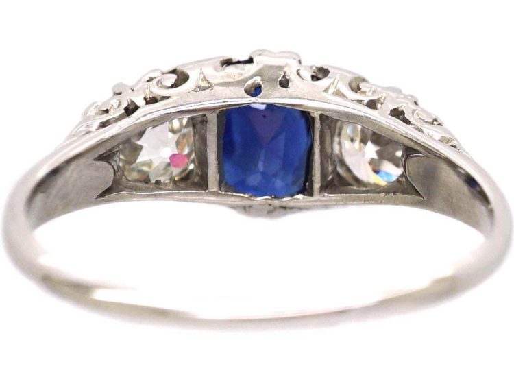 Edwardian Platinum, Carved Half Hoop Sapphire & Diamond Three Stone Ring