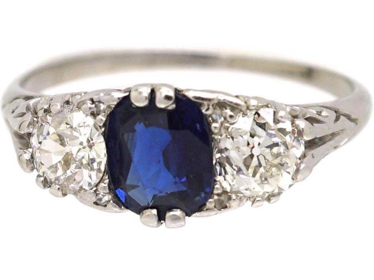 Edwardian Platinum, Carved Half Hoop Sapphire & Diamond Three Stone Ring
