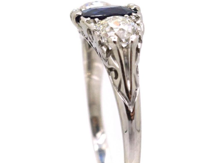 Edwardian Platinum, Carved Half Hoop Sapphire & Diamond Three Stone Ring