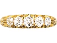 Edwardian 18ct Gold Five Stone Old Mine Cut Carved Half Hoop Ring with Ornate Shoulders