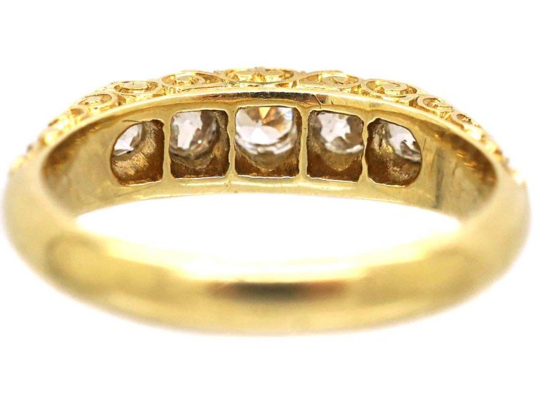 Edwardian 18ct Gold Five Stone Old Mine Cut Carved Half Hoop Ring with Ornate Shoulders
