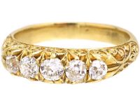 Edwardian 18ct Gold Five Stone Old Mine Cut Carved Half Hoop Ring with Ornate Shoulders
