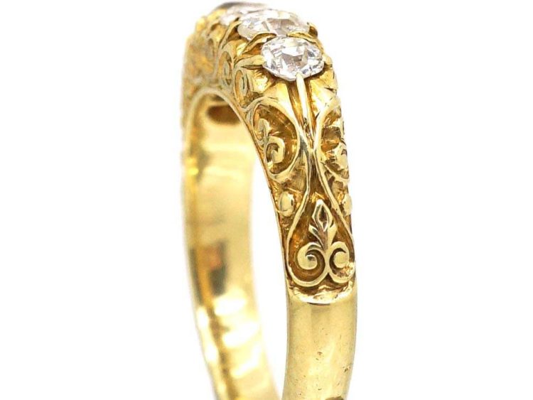 Edwardian 18ct Gold Five Stone Old Mine Cut Carved Half Hoop Ring with Ornate Shoulders