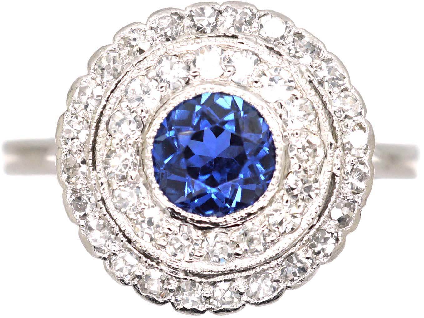 Edwardian 18ct Gold & Platinum, Sapphire & Diamond Two Row Cluster Ring