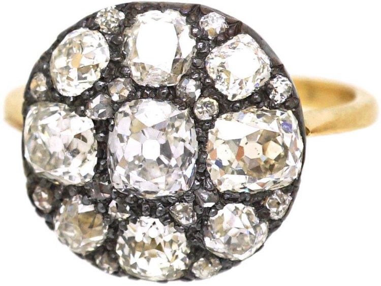 Victorian 18ct Gold & Silver, Large Old Mine Cut Diamond Cluster Ring