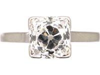 Art Deco Platinum Solitaire Old Mine Cut Diamond Ring in Square Setting