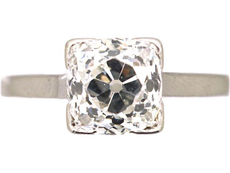 Art Deco Platinum Solitaire Old Mine Cut Diamond Ring in Square Setting