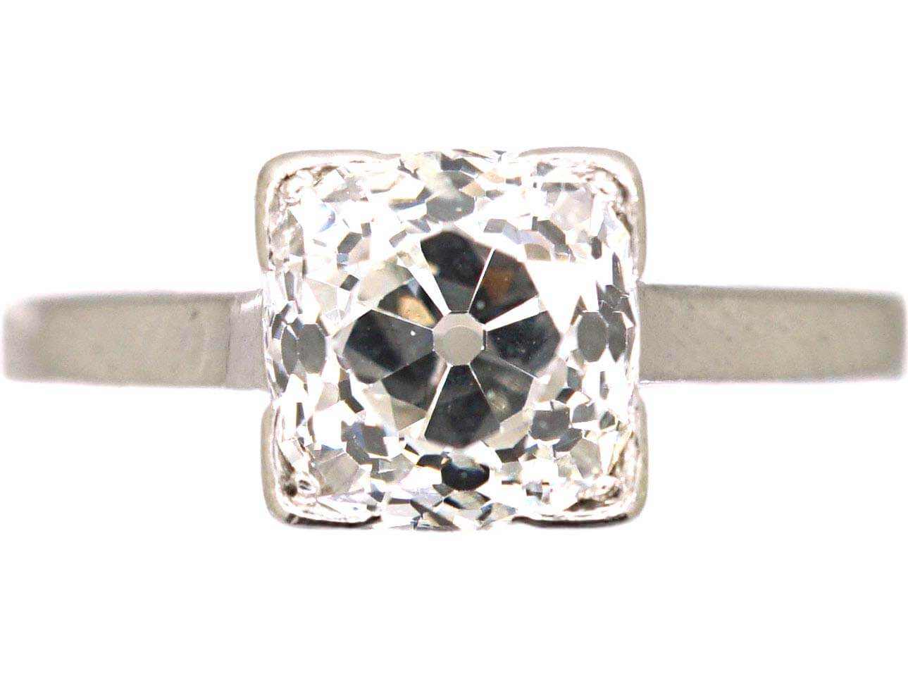Art Deco Platinum Solitaire Old Mine Cut Diamond Ring in Square Setting