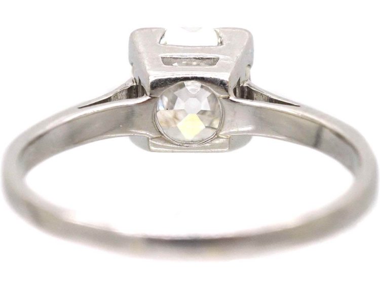 Art Deco Platinum Solitaire Old Mine Cut Diamond Ring in Square Setting