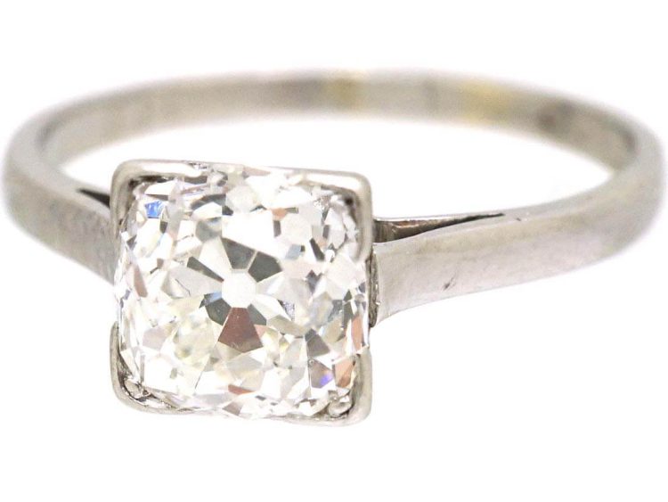 Art Deco Platinum Solitaire Old Mine Cut Diamond Ring in Square Setting