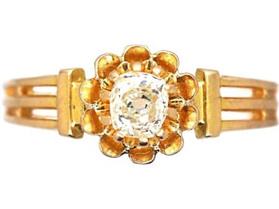 French Early 20th Century Single Stone Diamond Ring in Pie Crust Setting