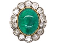 Early 20th Century Platinum Cabochon Emerald & Diamond Cluster Ring