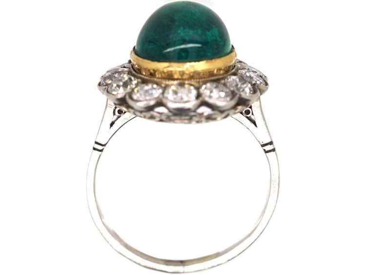 Early 20th Century Platinum Cabochon Emerald & Diamond Cluster Ring