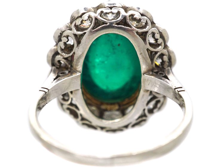 Early 20th Century Platinum Cabochon Emerald & Diamond Cluster Ring