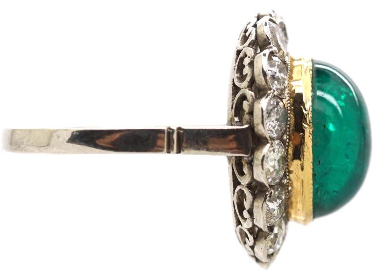 Early 20th Century Platinum Cabochon Emerald & Diamond Cluster Ring