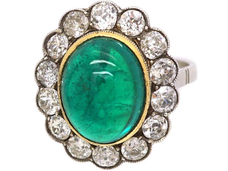 Early 20th Century Platinum Cabochon Emerald & Diamond Cluster Ring