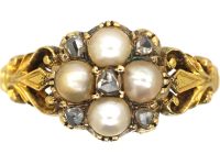 Victorian 18ct Gold ,Natural Split Pearls & Rose Diamond Cluster Ring