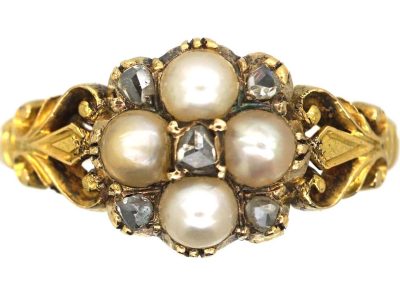 Victorian 18ct Gold ,Natural Split Pearls & Rose Diamond Cluster Ring
