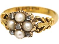Victorian 18ct Gold ,Natural Split Pearls & Rose Diamond Cluster Ring
